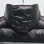 Moncler puffer jacket back view, dark color, quilted panels and inner hood detail