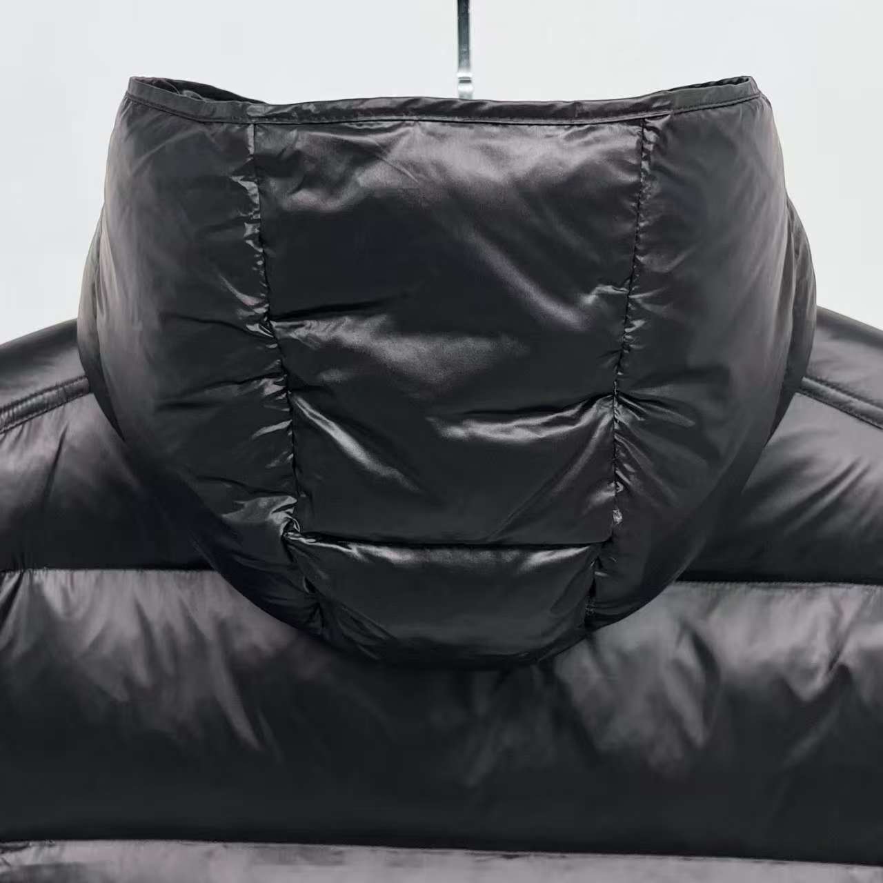 Moncler puffer jacket back view, dark color, quilted panels and inner hood detail