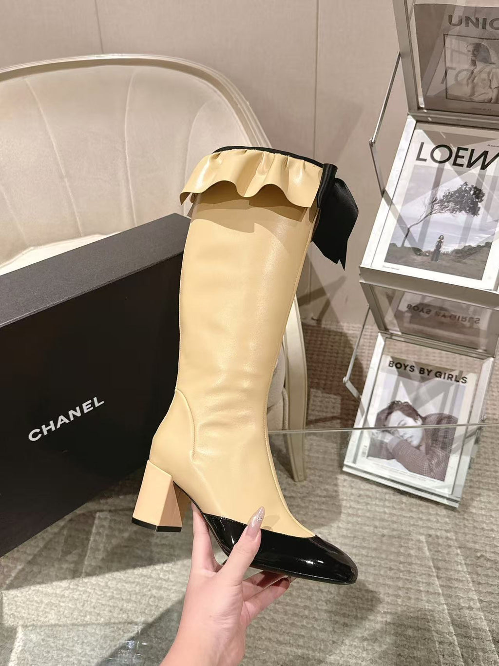 Chanel ladies’ knee-high boots with block heel, cream shaft, black patent toe
