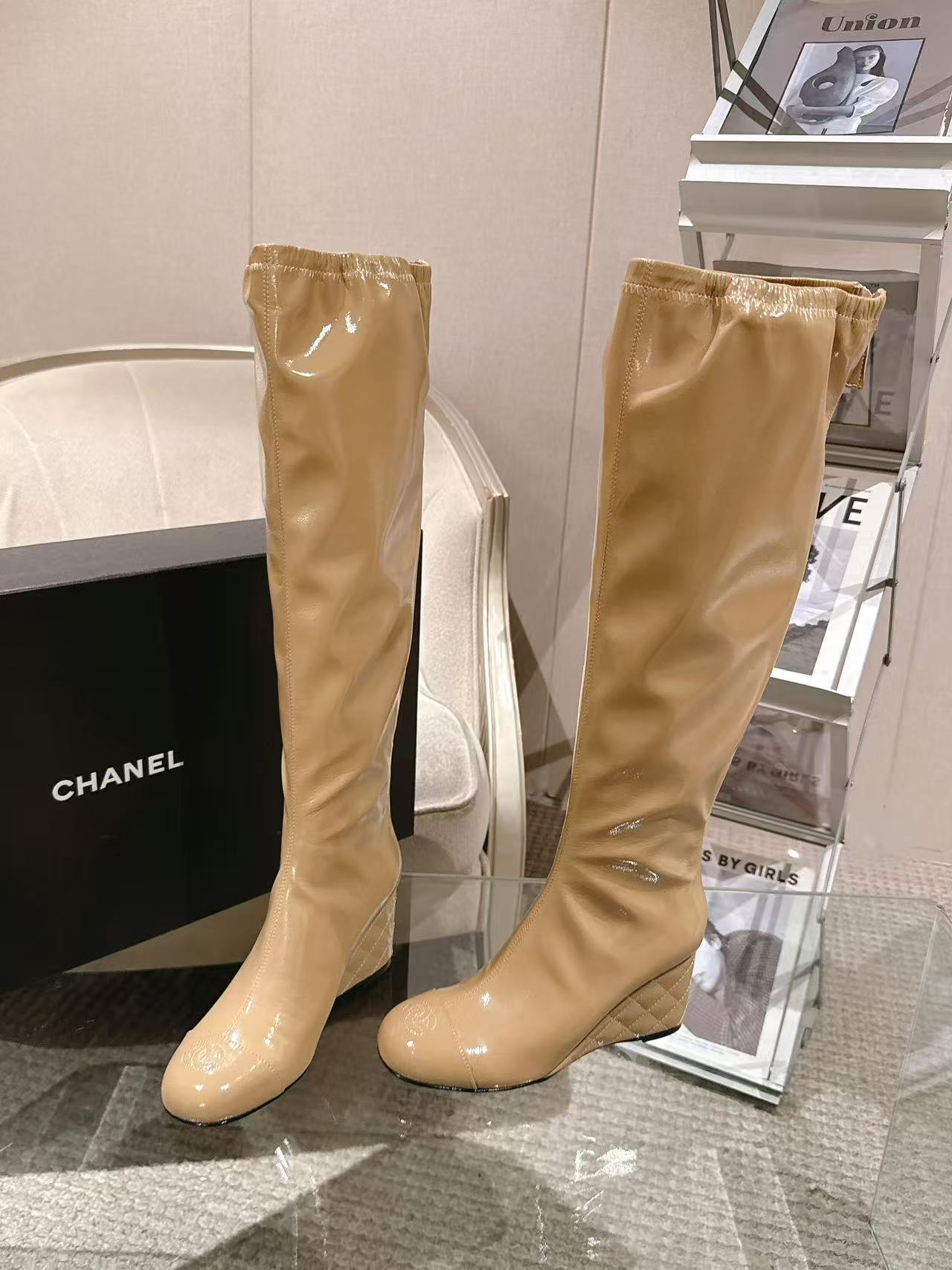 Chanel glossy beige knee-high boots with slim heel, side-by-side view
