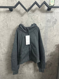 Dark gray zip-up hoodie with hood and front pockets