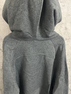 Dark gray hooded sweatshirt with kangaroo pocket and front seam