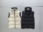 Quilted hooded puffer vests, light cream and black, sleeveless with front zipper
