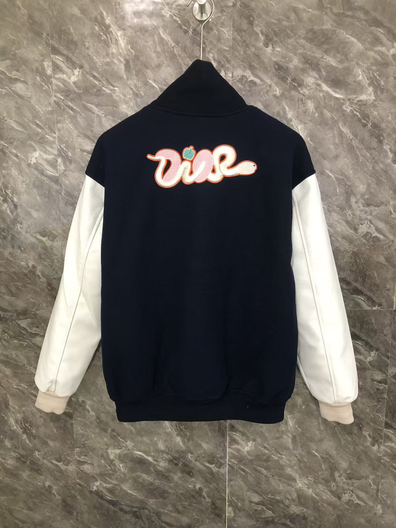 Dior varsity jacket with back “Diorise” graphic and white sleeves