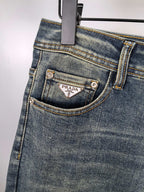 Prada denim pants front pocket with metal buttons and stitched trim