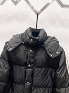 Dark quilted puffer jacket with hood and snap-button placket