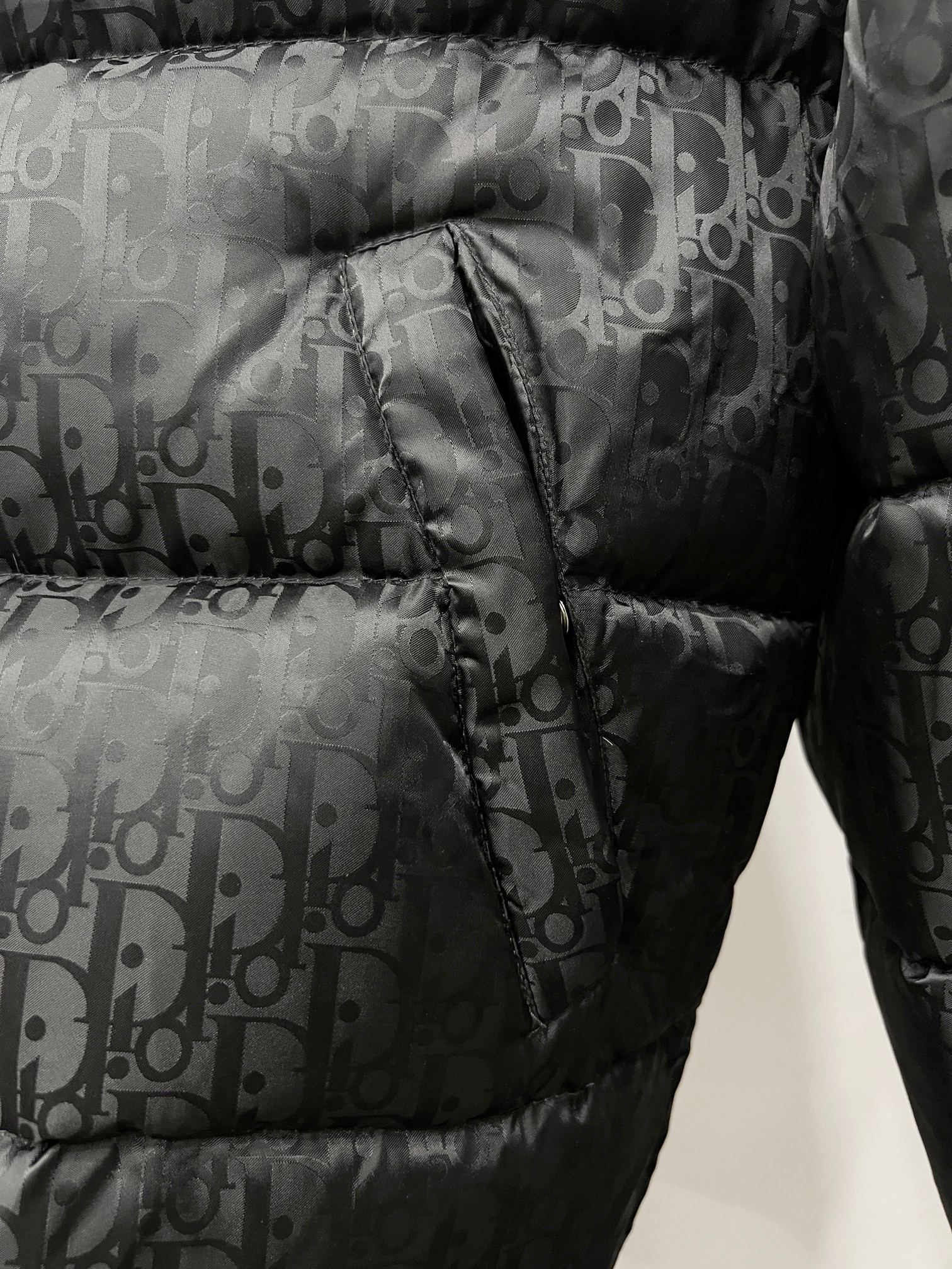 Quilted puffer jacket sleeve with Dior monogram pattern and seam detail
