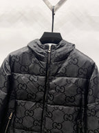 Gucci hooded puffer jacket close-up with GG monogram allover and zip front