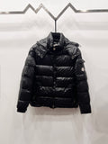 Moncler long puffer jacket, dark black, zip-front and hooded collar