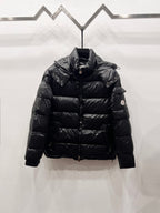 Moncler long puffer jacket, dark black, zip-front and hooded collar