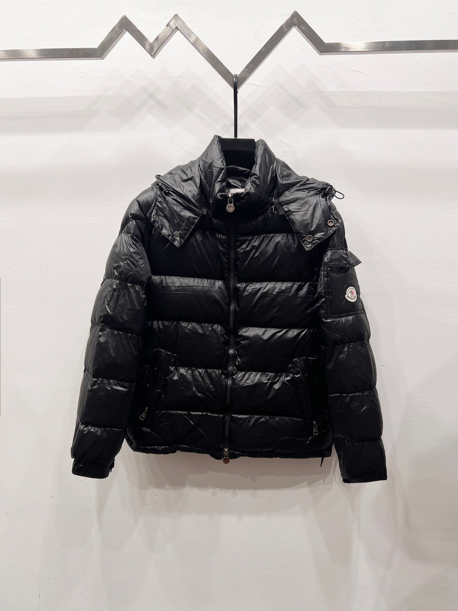 Moncler long puffer jacket, dark black, zip-front and hooded collar
