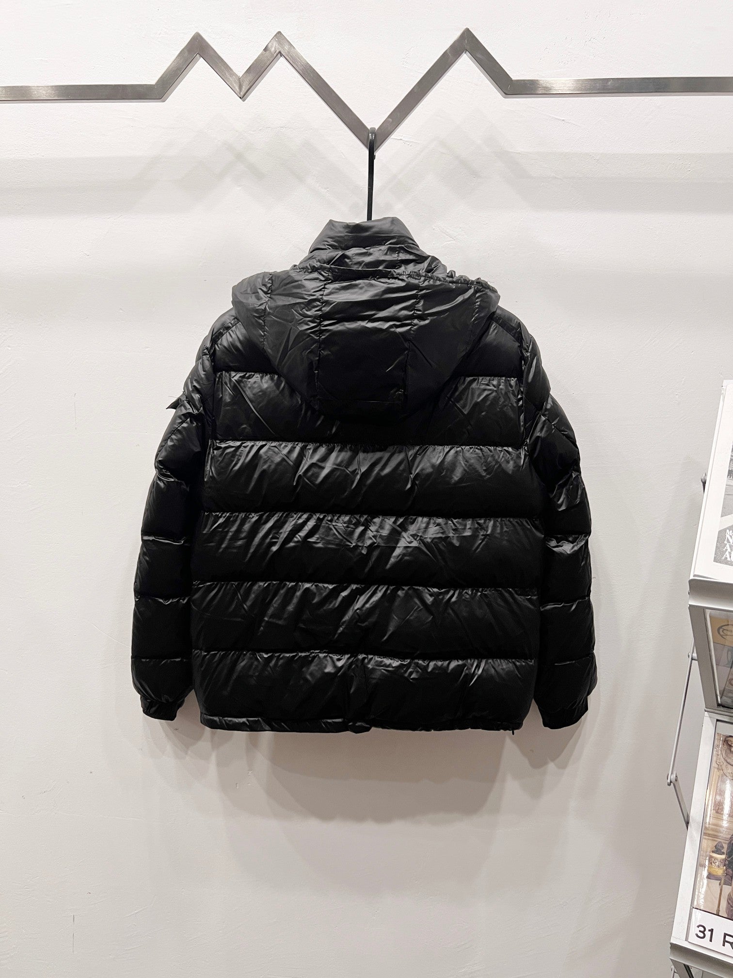 Moncler long puffer jacket, dark black, standing collar and striped baffle quilting