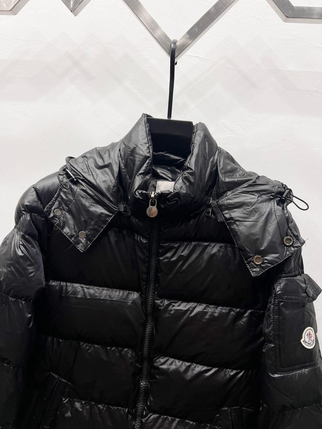 Moncler long puffer jacket, dark black, zip-front with logo patch on sleeve