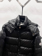 Moncler long puffer jacket, dark black, zip-front with logo patch on sleeve