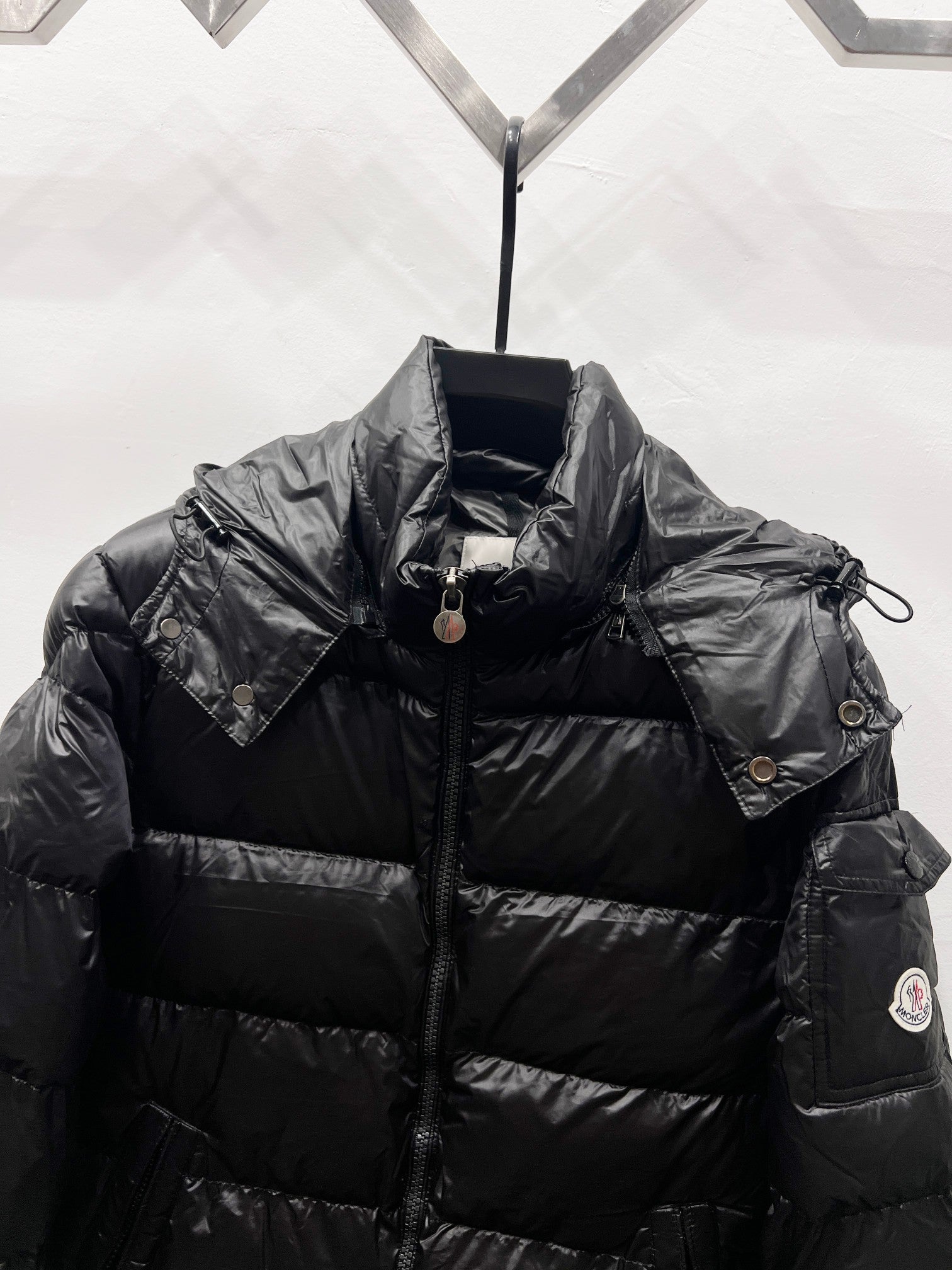 Moncler long puffer jacket, dark black, zip-front with logo patch on sleeve