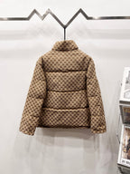 Gucci puffer jacket in beige with monogram pattern, high collar, quilted back