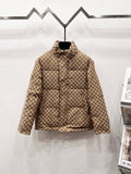 Gucci puffer jacket in beige with allover monogram pattern, stand collar, front zip