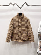 Gucci puffer jacket in beige with allover monogram pattern, stand collar, front zip