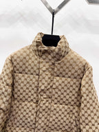 Gucci puffer jacket in beige with allover monogram, high collar and front button placket