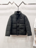 Dark gray long puffer jacket with quilted checker monogram pattern and stand collar