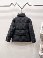 Dark gray long puffer jacket, back view, stand collar and quilted monogram pattern