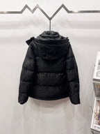 Black long puffer jacket with hood and zip front