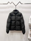Moncler long puffer jacket, dark color, hooded, full-zip front and quilted panels
