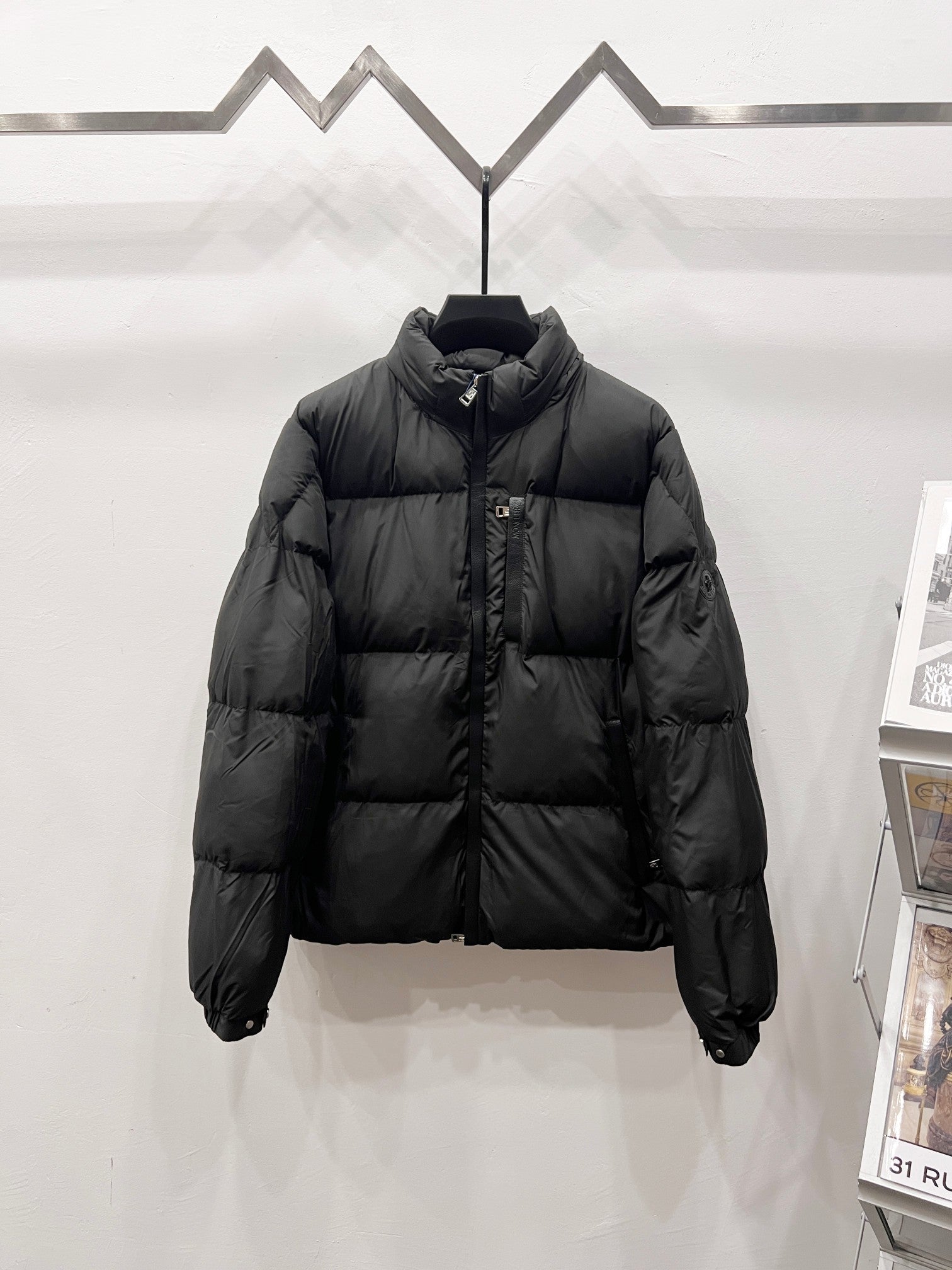 Moncler long puffer jacket, dark color, hooded, full-zip front and quilted panels