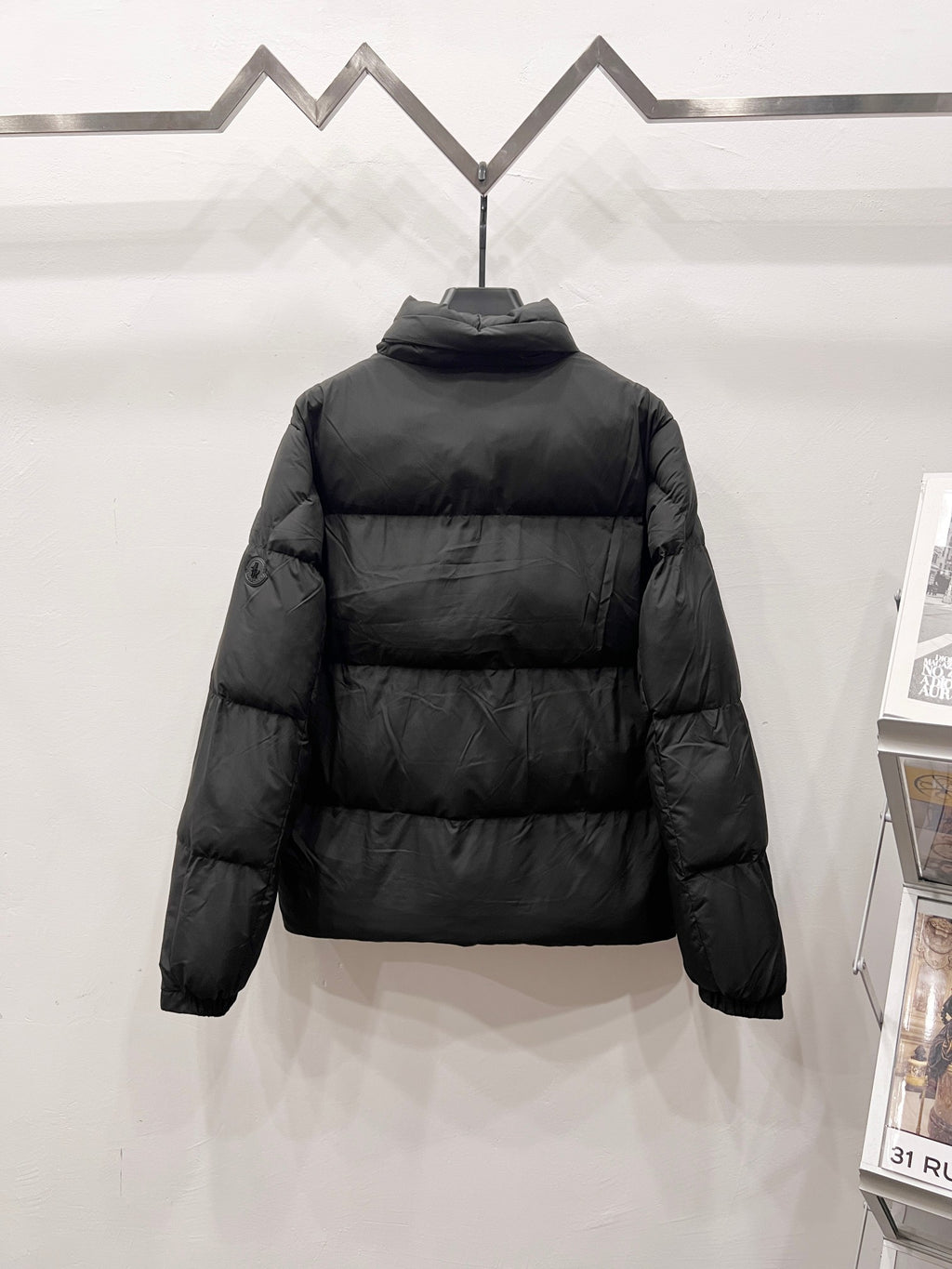 Moncler long puffer jacket with hood, dark quilting, long sleeves and full zipper