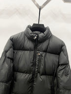 Moncler long puffer jacket with stand collar and hood, zip front, quilted insulation