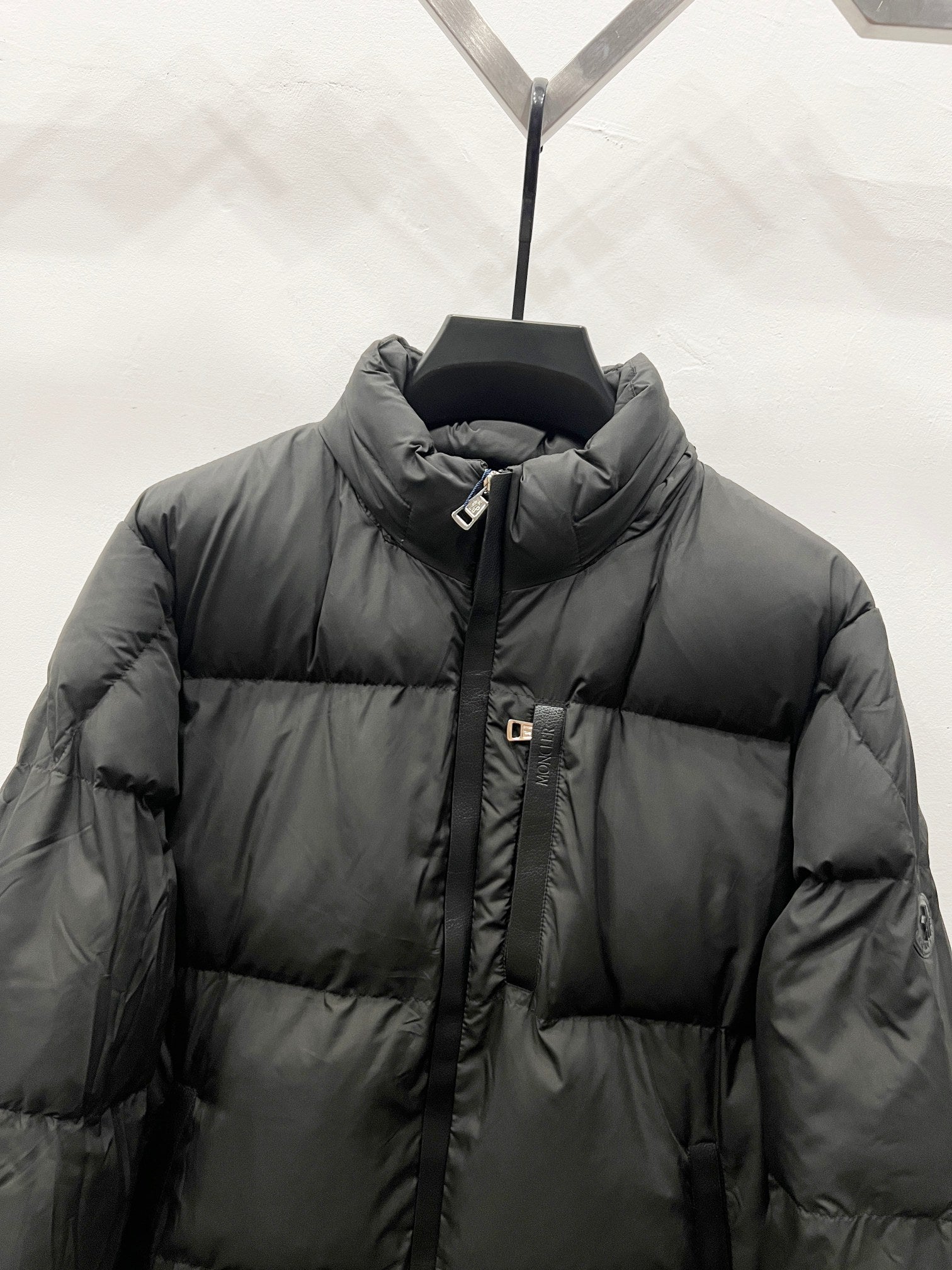 Moncler long puffer jacket with stand collar and hood, zip front, quilted insulation