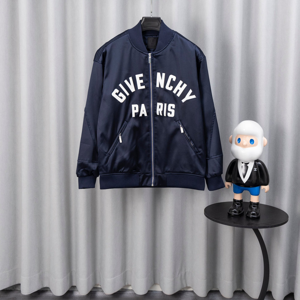 Givenchy bomber jacket in dark navy with full-zip and bold white logo lettering