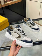 FENDI unisex lace-up sneakers, white upper with navy heel and grippy chunky sole