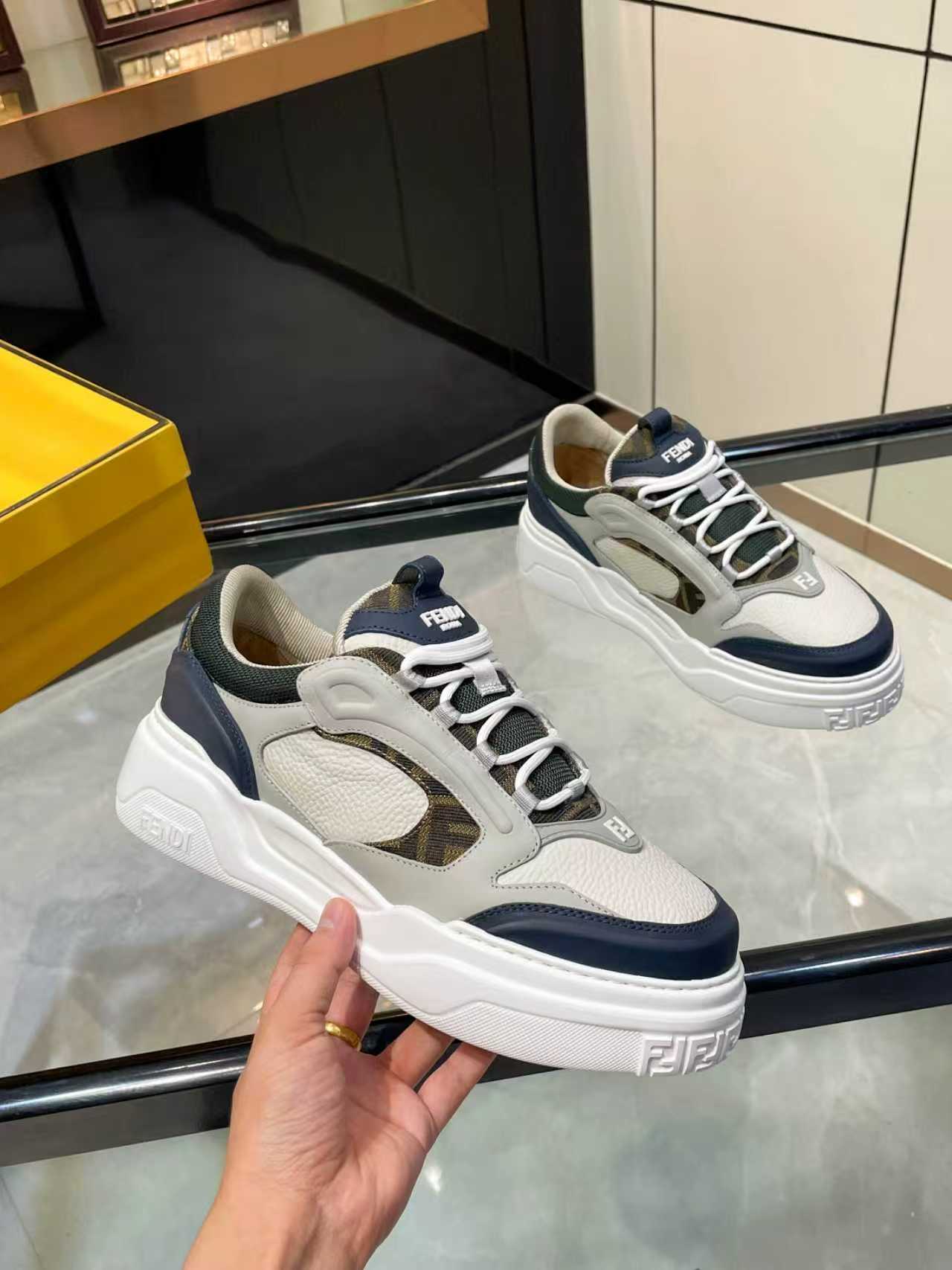 FENDI unisex lace-up sneakers, white upper with navy heel and grippy chunky sole