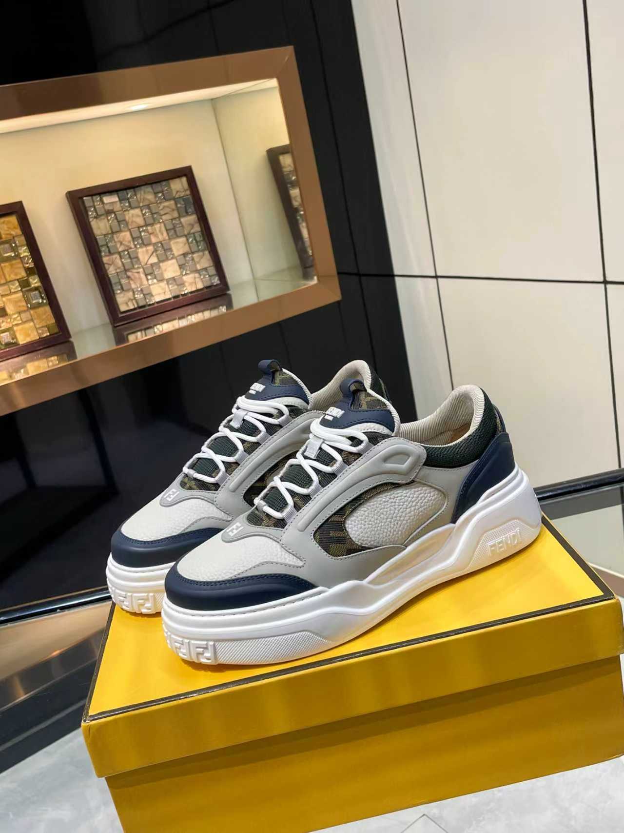 FENDI unisex lace-up sneakers, white with navy side panels and chunky sole