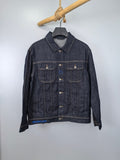 Moncler dark denim jacket with button front, pointed collar, and chest flap pockets