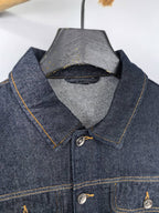 Moncler dark denim jacket close-up of pointed collar and buttoned front placket