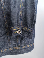Moncler dark denim jacket sleeve hem close-up with buttoned pocket detail