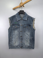 Gucci blue denim sleeveless jacket with button front and flap chest pockets