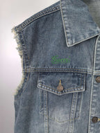 Gucci blue denim sleeveless jacket with frayed armhole edge and flap front pocket
