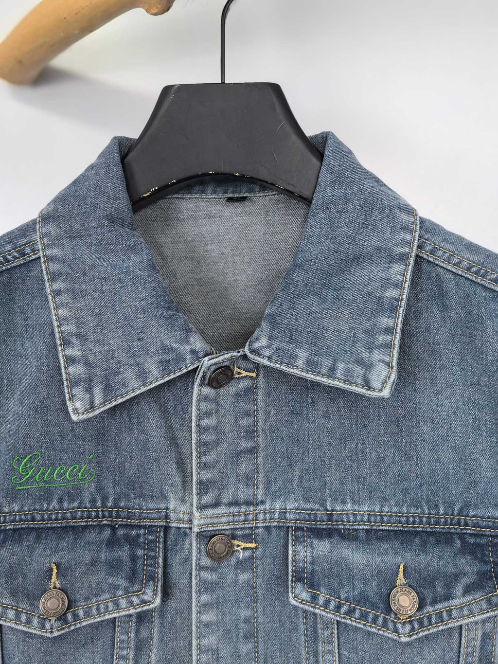 Gucci blue denim sleeveless jacket with pointed collar and buttoned flap pockets