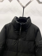 Puffer jacket collar close-up with full-length zipper