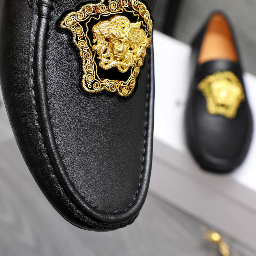 Versace black loafer upper with gold medallion emblem detail