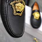 Versace black loafer upper with gold medallion emblem detail