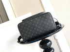 Monogram backpack angled view with front flap pocket and adjustable straps; dark