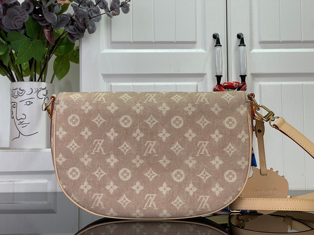 Louis Vuitton monogram flap shoulder bag in taupe with tan strap and gold hardware