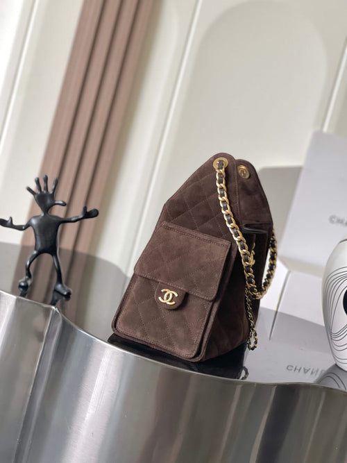 Chanel bag in dark brown suede with front logo plaque and gold chain strap
