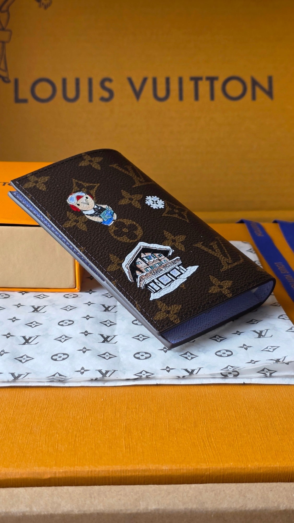 Louis Vuitton monogram small bag, dark brown, with colorful character and flowers