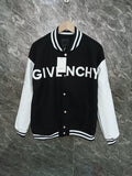 Givenchy black varsity jacket with white sleeves, striped collar and snap buttons