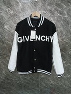 Givenchy black varsity jacket with white sleeves, striped collar and snap buttons